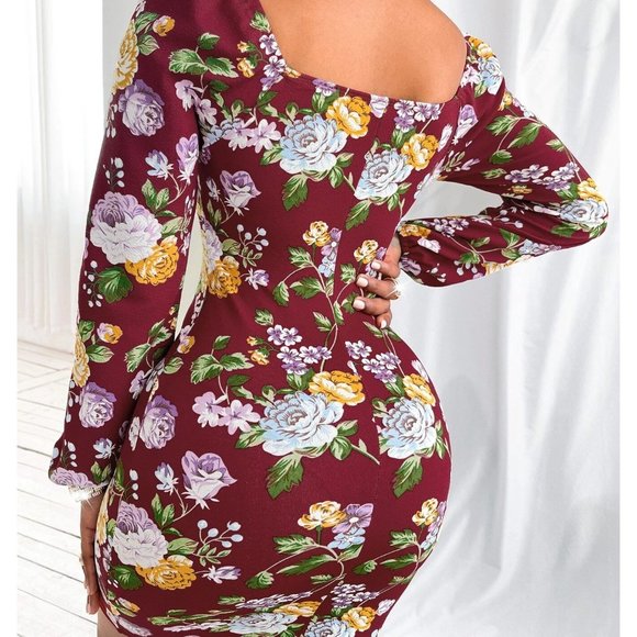 NEW! Floral Print Lantern Sleeve Sweetheart Neck Bodycon Dress - Picture 2 of 3